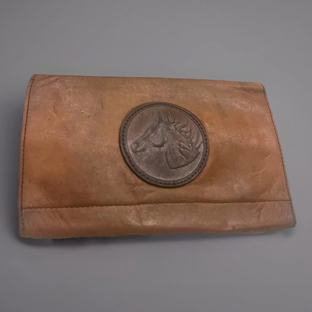 VTG Handmade Indiana Leather Embossed Horse Wallet Bloomington Fold‎ And Expand